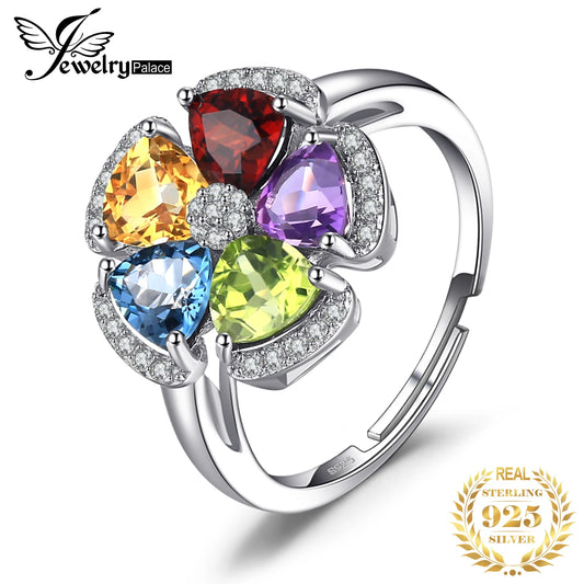 JewelryPalace 2.6ct Genuine Blue Topaz Amethyst Citrine Garnet Peridot Open Adjustable Cocktail Promise Ring 925 Sterling Silver