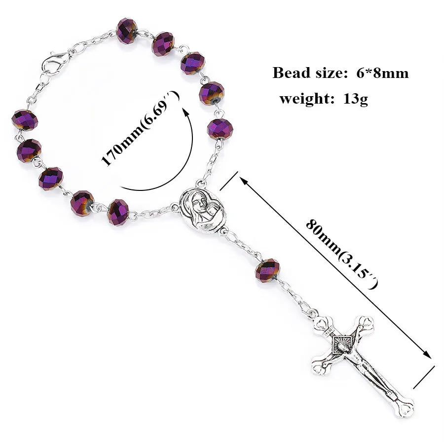 Cross Pendant Necklace Virgin Holy Christ Rosary Necklaces for Women Men Purple Crystal Beaded Catholic Prayer Jewelry Rosaries