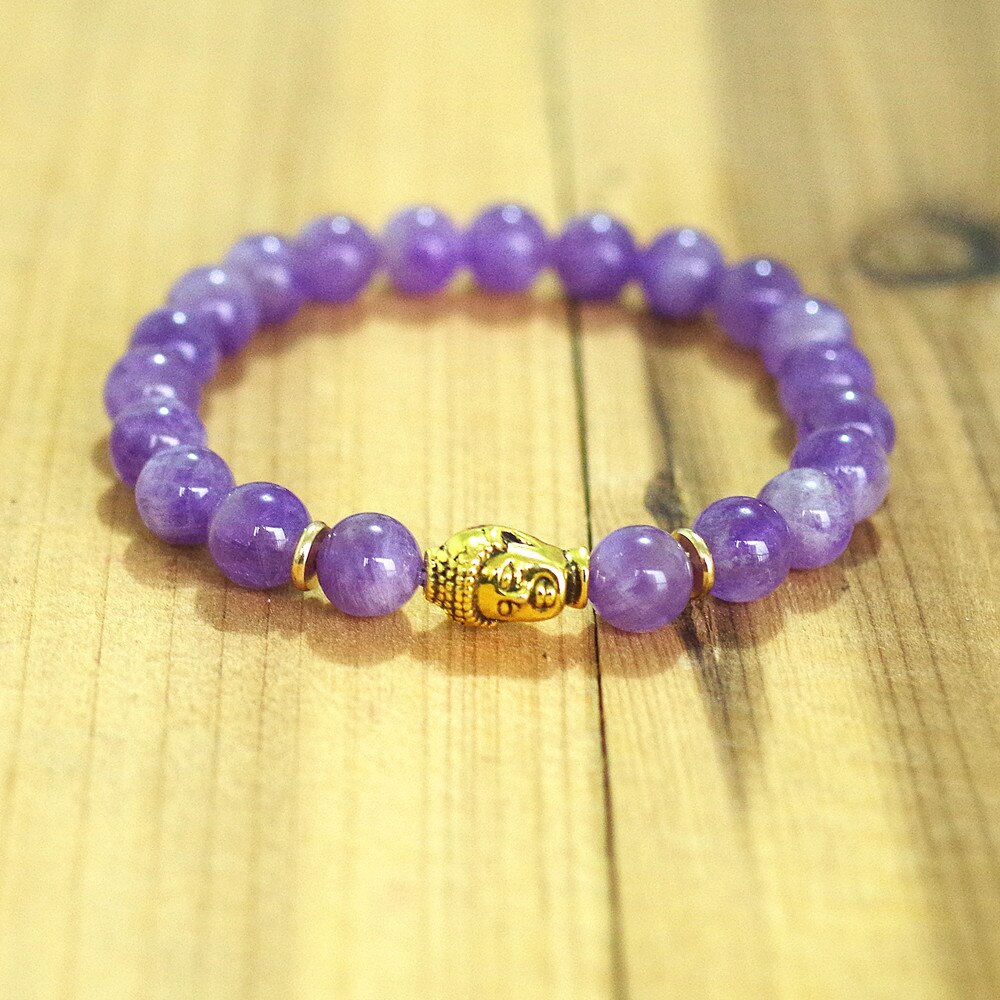 Women Men Beaded Strand Bracelet Natural Stone Handmade Jewelry Buddha Head Chakra Mala Bracelet Purple