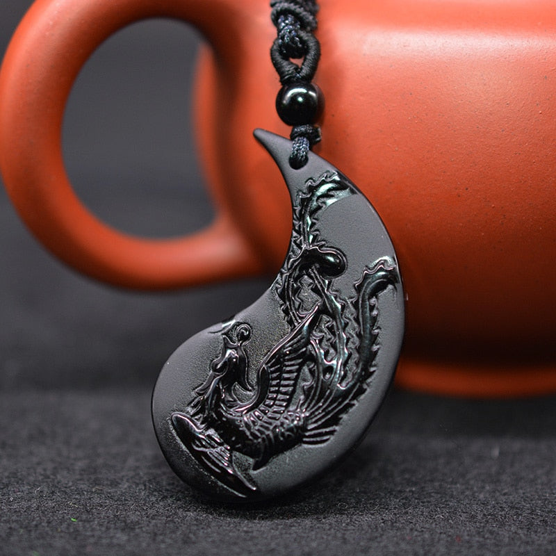 1 Set Obsidian Taichi Dragon and Phoenix Necklace Pendant YIN YANG Pendant Necklace Obsidian Lucky Pendants