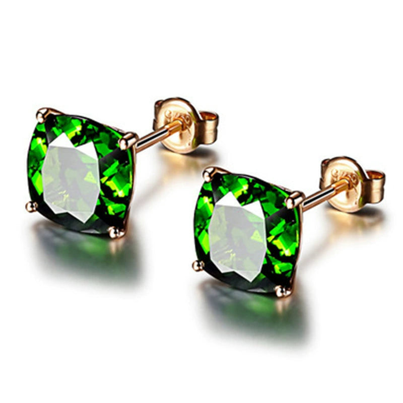 Square Gemstone European and American Four-Claw Women's Emerald Stud Earrings Green Diamond Earrings [Rose Gold]]