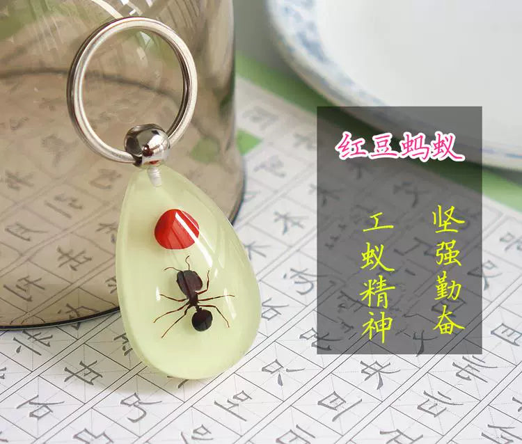 Amber Keychain Men's and Women's Creative Gifts for Children Golden Cicada Scorpion Beetle Spider Luminous Insect Specimen Pendant Red bean ant (luminous)