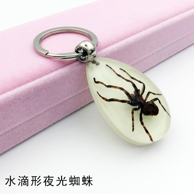 Insect Specimen Artificial Amber Car Key Ring Key Pendant Personality Creative Pendants Stainless Steel Key Case for Men Lemon yellow(Drop-shaped luminous Spider)