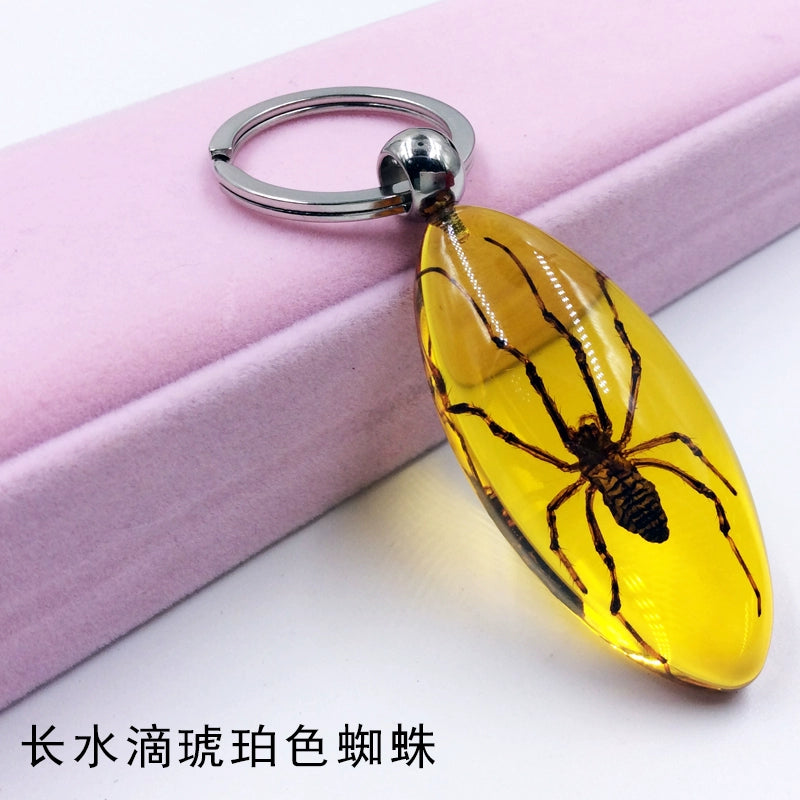 Insect Specimen Artificial Amber Car Key Ring Key Pendant Personality Creative Pendants Stainless Steel Key Case for Men Blue(Long water drop Amber Spider)