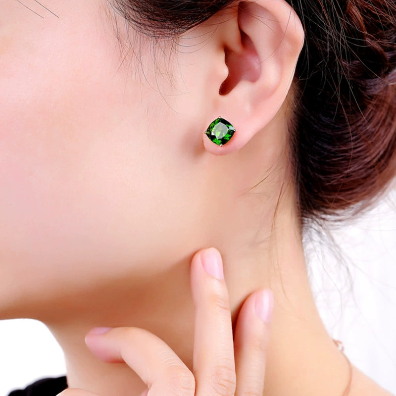 Square Gemstone European and American Four-Claw Women's Emerald Stud Earrings