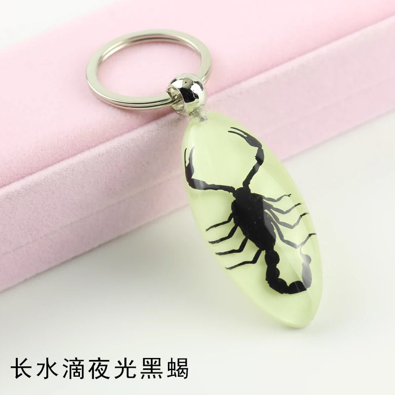Insect Specimen Artificial Amber Car Key Ring Key Pendant Personality Creative Pendants Stainless Steel Key Case for Men Fluorescent yellow(Long water droplets luminous black scorpion)