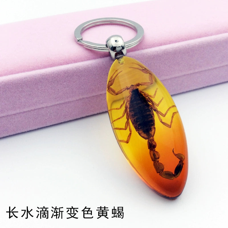 Insect Specimen Artificial Amber Car Key Ring Key Pendant Personality Creative Pendants Stainless Steel Key Case for Men Red(Long water droplets gradient yellow scorpion)