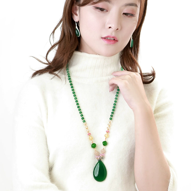 Women's Austrian Crystal Pendant Green Agate Sweater Chain