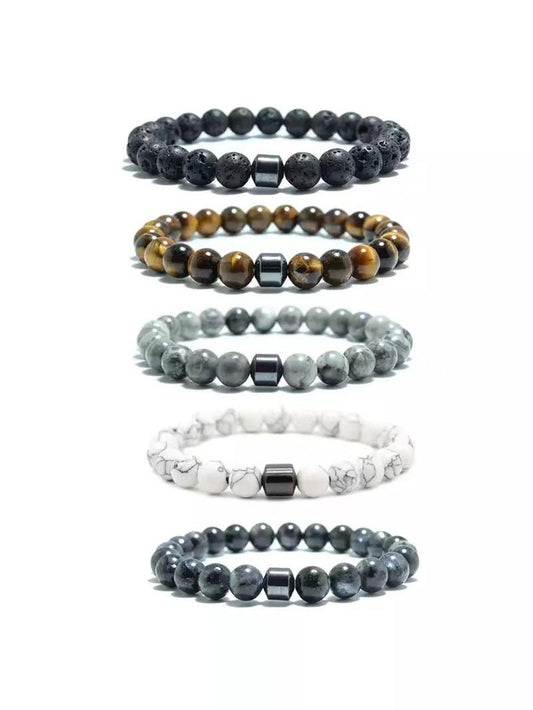 Pulseras de cuentas de piedra natural, ojo de tigre, roca volcánica, mapa, piedra, cuerda elástica, pulsera para pareja, adorno para hombre