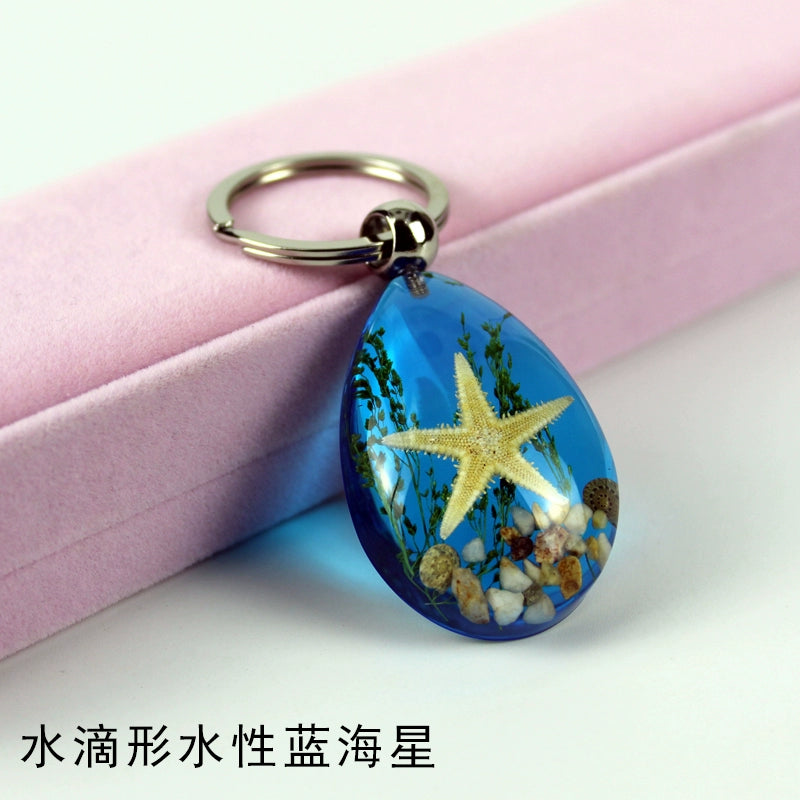 Insect Specimen Artificial Amber Car Key Ring Key Pendant Personality Creative Pendants Stainless Steel Key Case for Men Sky Blue(Teardrop-shaped water-borne blue starfish)