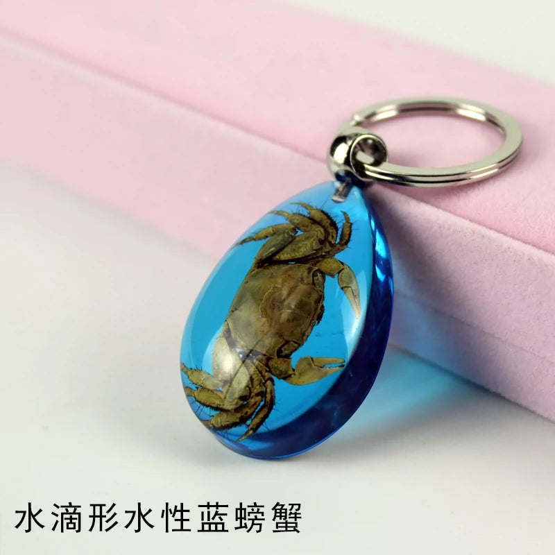 Insect Specimen Artificial Amber Car Key Ring Key Pendant Personality Creative Pendants Stainless Steel Key Case for Men Drop-shaped water-based Blue Crab