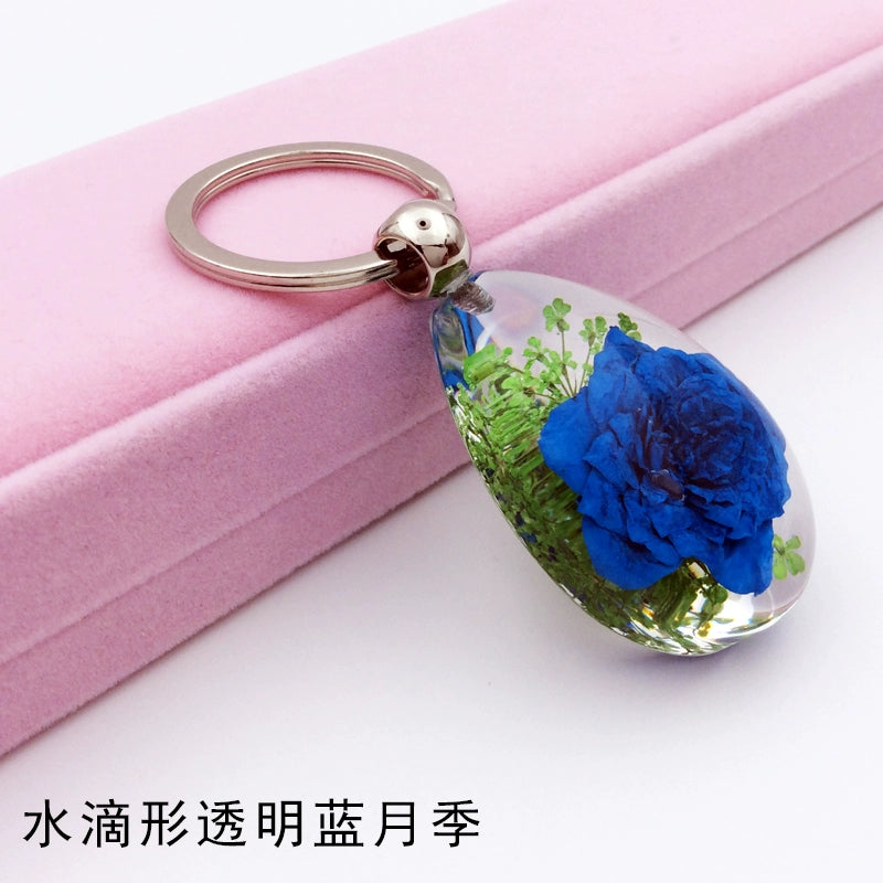 Insect Specimen Artificial Amber Car Key Ring Key Pendant Personality Creative Pendants Stainless Steel Key Case for Men Drop-shaped transparent blue rose