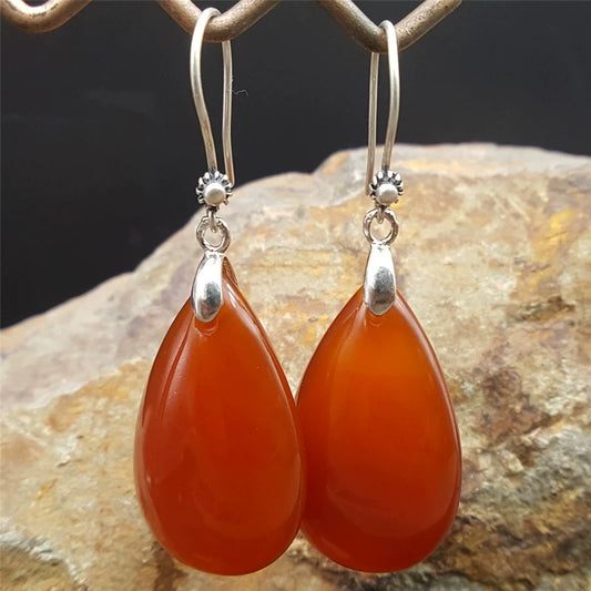 Mopping Natural Red Agate Water Drop Retro Female Earrings