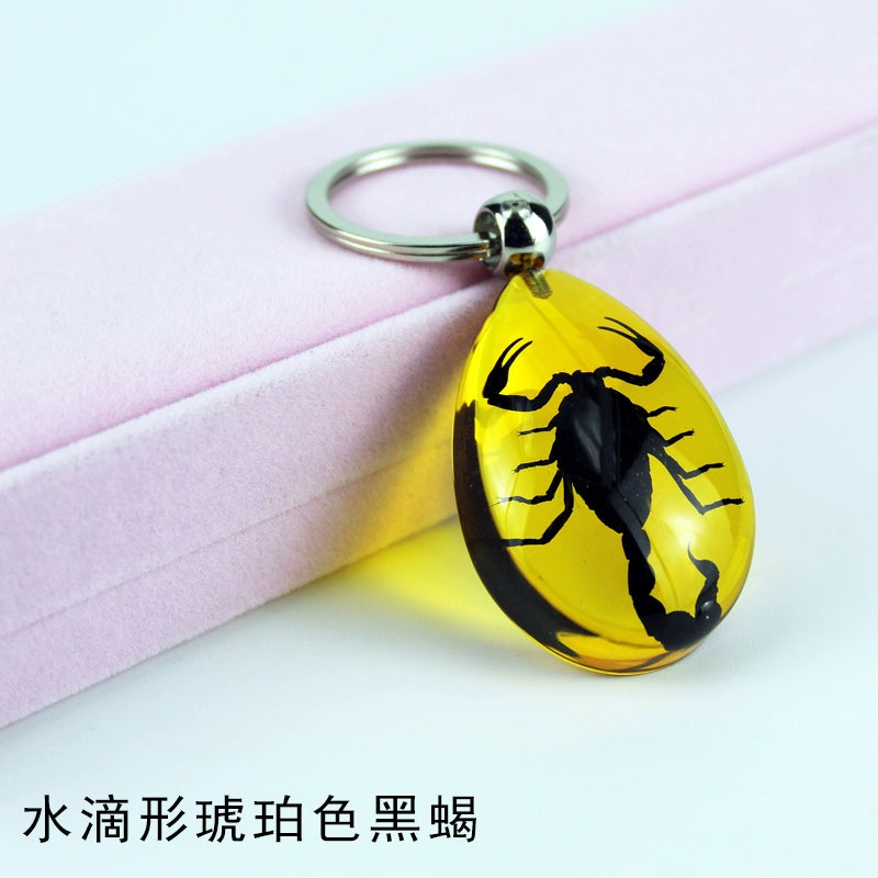 Insect Specimen Artificial Amber Car Key Ring Key Pendant Personality Creative Pendants Stainless Steel Key Case for Men Beige White(Teardrop Amber Black Scorpion)