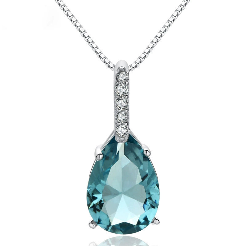 Young Topaz Pear-Shaped Carat Women Blue Crystal Necklace "45cm]