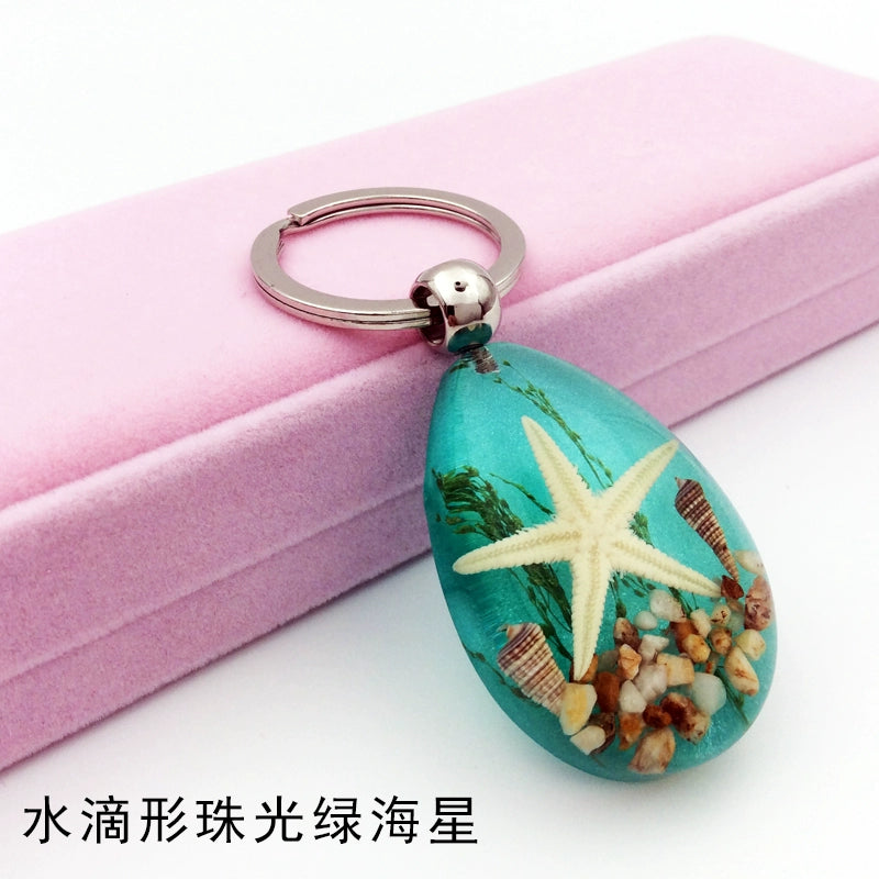 Insect Specimen Artificial Amber Car Key Ring Key Pendant Personality Creative Pendants Stainless Steel Key Case for Men Emerald green(Teardrop pearlescent green starfish)