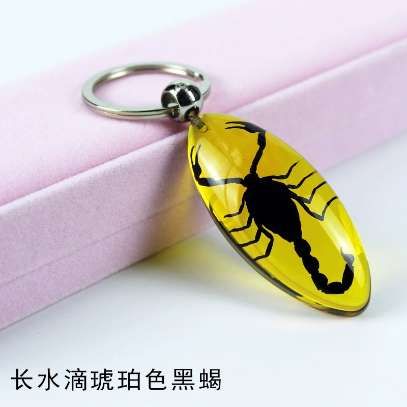 Insect Specimen Artificial Amber Car Key Ring Key Pendant Personality Creative Pendants Stainless Steel Key Case for Men White(Long water droplets Amber Black Scorpion)