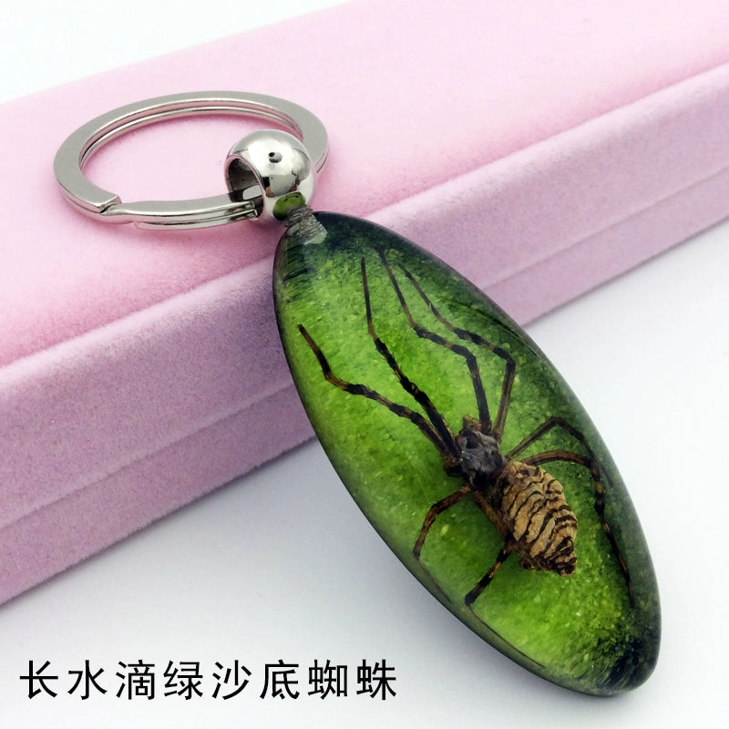 Insect Specimen Artificial Amber Car Key Ring Key Pendant Personality Creative Pendants Stainless Steel Key Case for Men Long water drop green sand bottom Spider