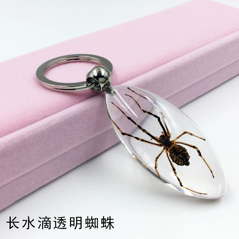 Insect Specimen Artificial Amber Car Key Ring Key Pendant Personality Creative Pendants Stainless Steel Key Case for Men Long water drop transparent Spider
