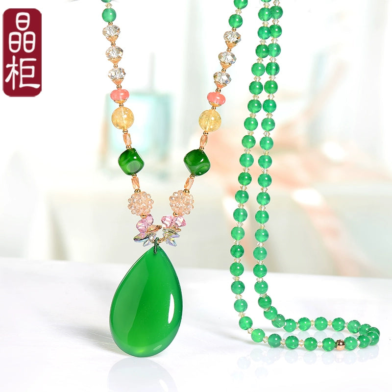 Women's Austrian Crystal Pendant Green Agate Sweater Chain Necklace(Necklace)