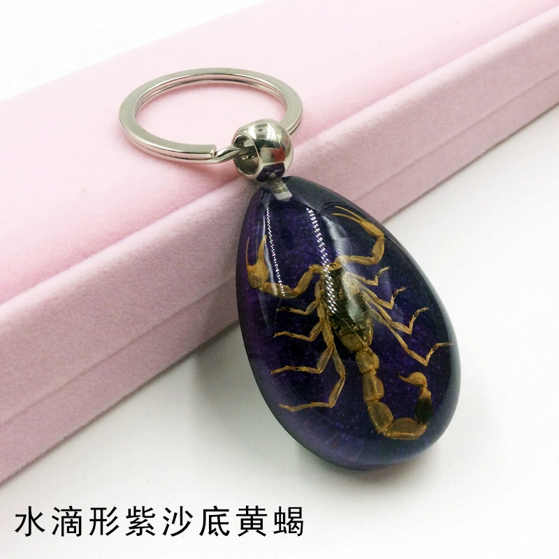 Insect Specimen Artificial Amber Car Key Ring Key Pendant Personality Creative Pendants Stainless Steel Key Case for Men Light yellow(Teardrop shaped purple sand bottom yellow scorpion)