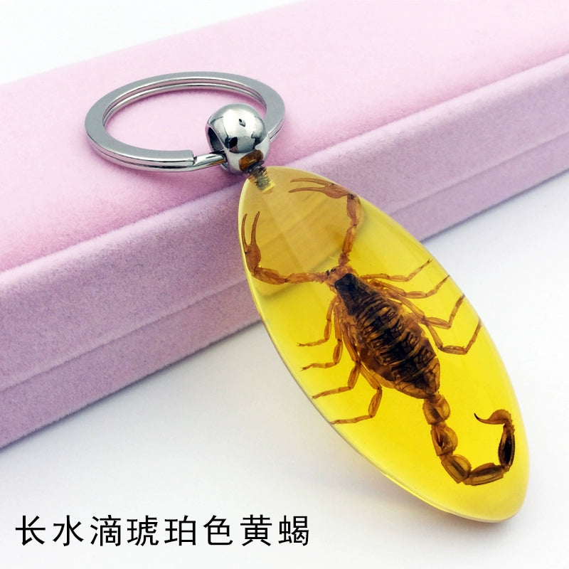 Insect Specimen Artificial Amber Car Key Ring Key Pendant Personality Creative Pendants Stainless Steel Key Case for Men Long water droplets amber yellow scorpion
