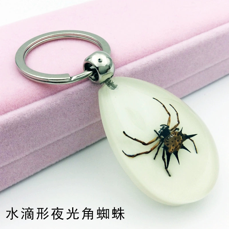 Insect Specimen Artificial Amber Car Key Ring Key Pendant Personality Creative Pendants Stainless Steel Key Case for Men Drop-shaped luminous horn Spider