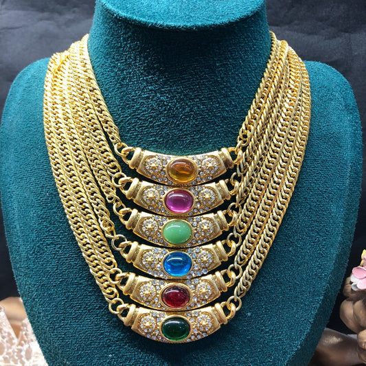 Copper Chain Retro Colored Gem Glass Necklace