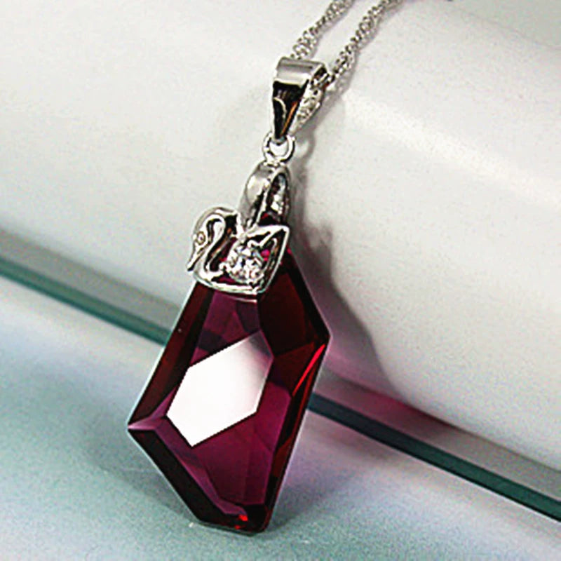 Wine Red Crystal Women's Sterling Silver Necklace Short Pendant