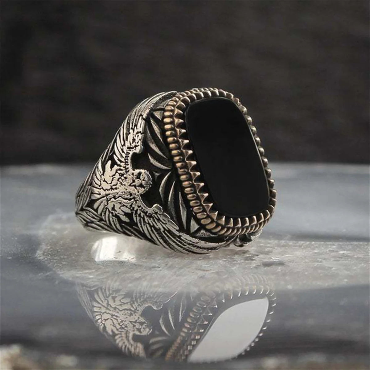 Retro Handmade Turkish Signet Ring Vintage Men's Ancient Metal Eagle Rings Inlaid Black Zircon Party Punk Motor Biker Jewelry