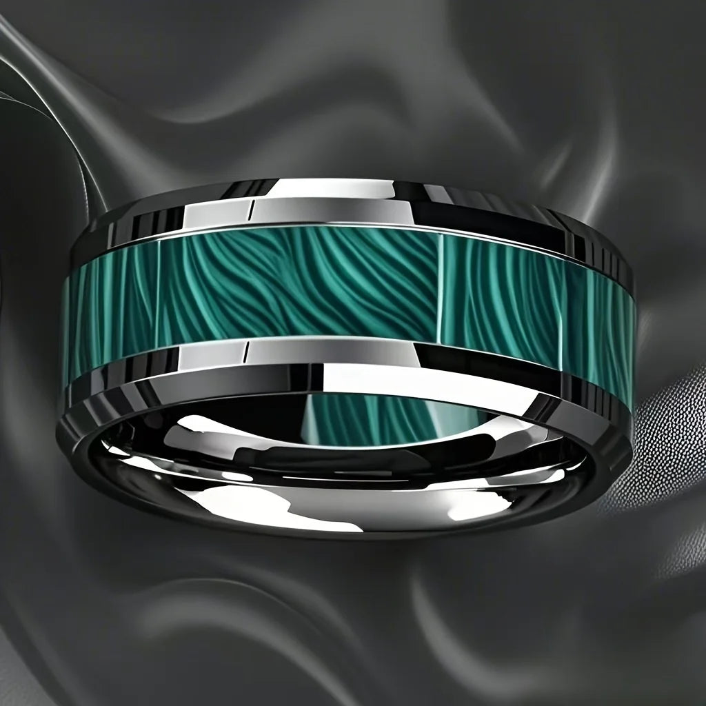 8MM Imitation of Peacock Stone Inlay Men's Stainless Steel Rings Silver Color Wedding Band Jewelry for Men Steel Ring