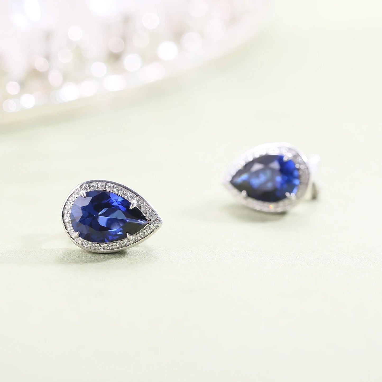 GEM'S BALLET Tiger Element Earrings Pear Shape 8x12mm Lab Blue Sapphire Stud Earrings in 925 Sterling Silver Gift For Her
