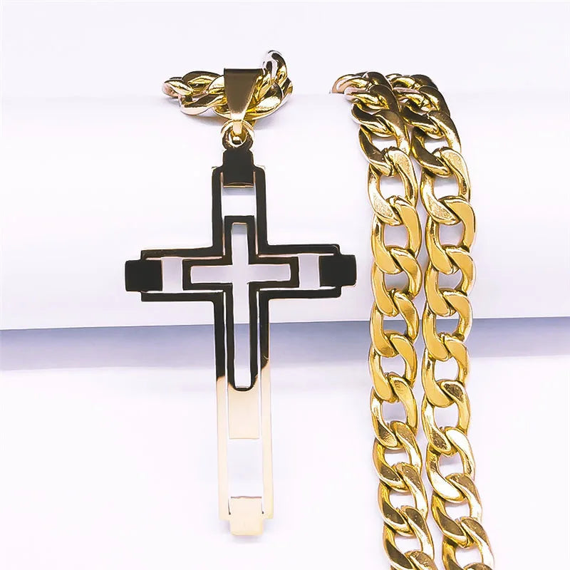 2026 Hip Hop Cross Stainless Steel Chain Necklaces Gold Color Long Pendant Necklace for Women/Men Jewelry Collier Homme N6055S05