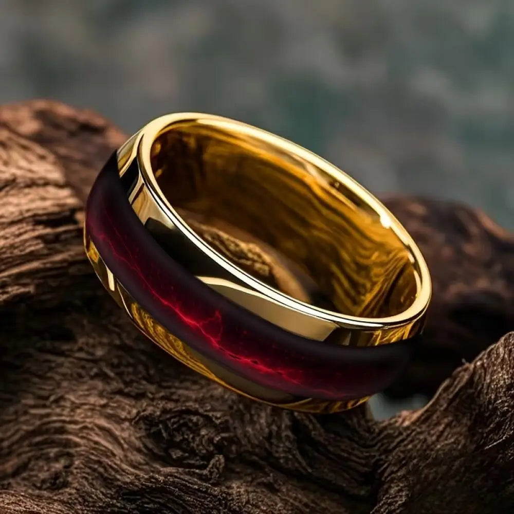 Domed Red Flame Stone Inlay Fashion 8MM Gold Color Stainless Steel Rings For Men Rings Wedding Engagement Jewelry Gift