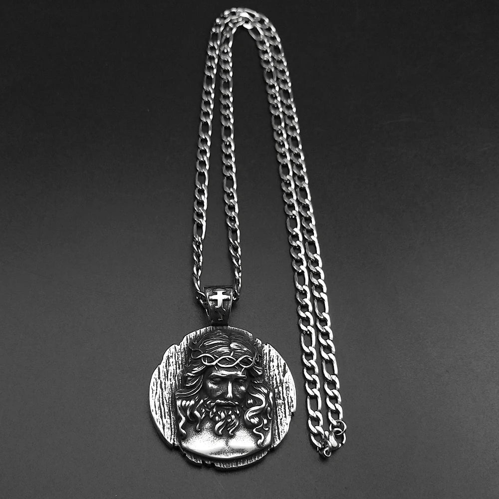 Retor Punk Jesus Head Pendant Necklace For Women Men Stainless Steel Black Vintage Catholic Male Lucky Amulet Chain Jewelry Gift