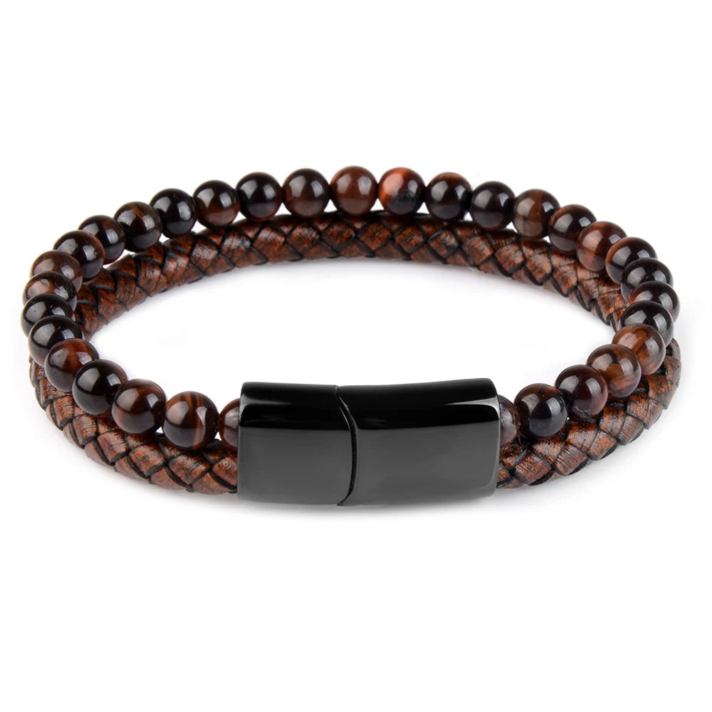 Natural Stone Bracelet Genuine Leather Braided Bracelets Black Stainless Steel Magnetic Clasp Tiger eye Bead Bangle Men Jewelry Red Tiger eye2