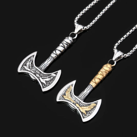 Stainless Steel Men's Viking Axe Pendant Chain Never Fading Nordic Double Eagle Necklace Amulet Jewelry Accessories