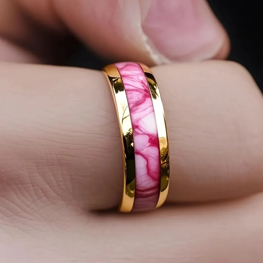 Fashion 8MM Gold Color Men Stainless Steel Ring Pink Abalone Shell Inlay Rings For Men Women Wedding Engagement Jewelry Gift