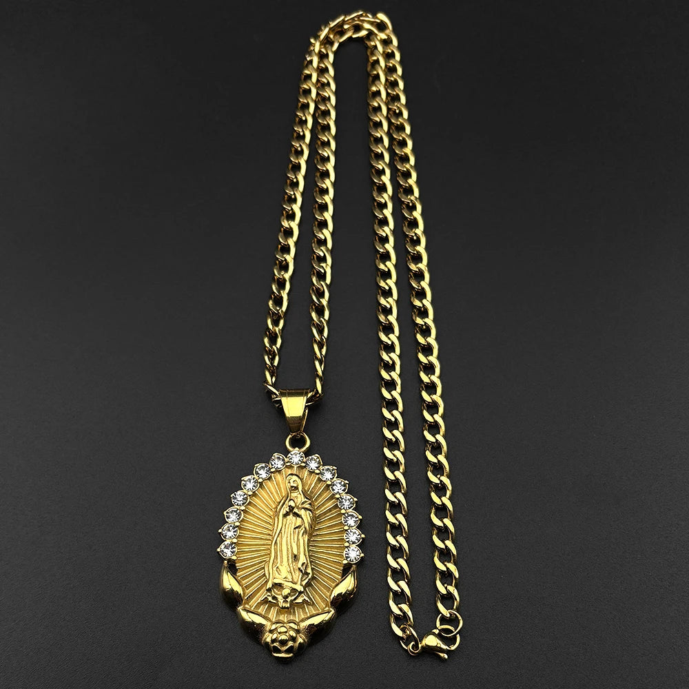 Catholic Virgin Mary Rhinestones Pendant Necklace for Women Men Stainless Steel Gold Color Our Lady of Guadalupe Chain Jewelry