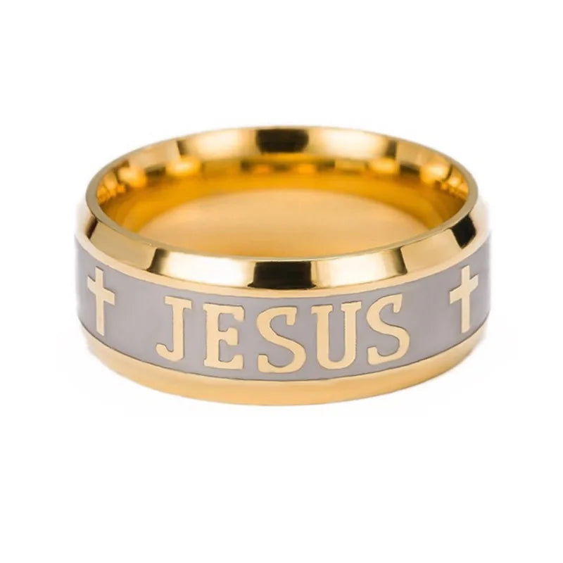 Stainless Steel Black Color Jesus Cross Letter Bible Prayer Finger Rings For Men 8mm Amulet Jewelry