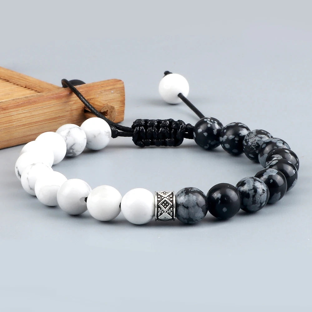 Fashion Black White Beaded Bracelets For Men 8mm Natural White Howlite Stone Beads Bracelet Women Meditation Prayer Jewelry Gift
