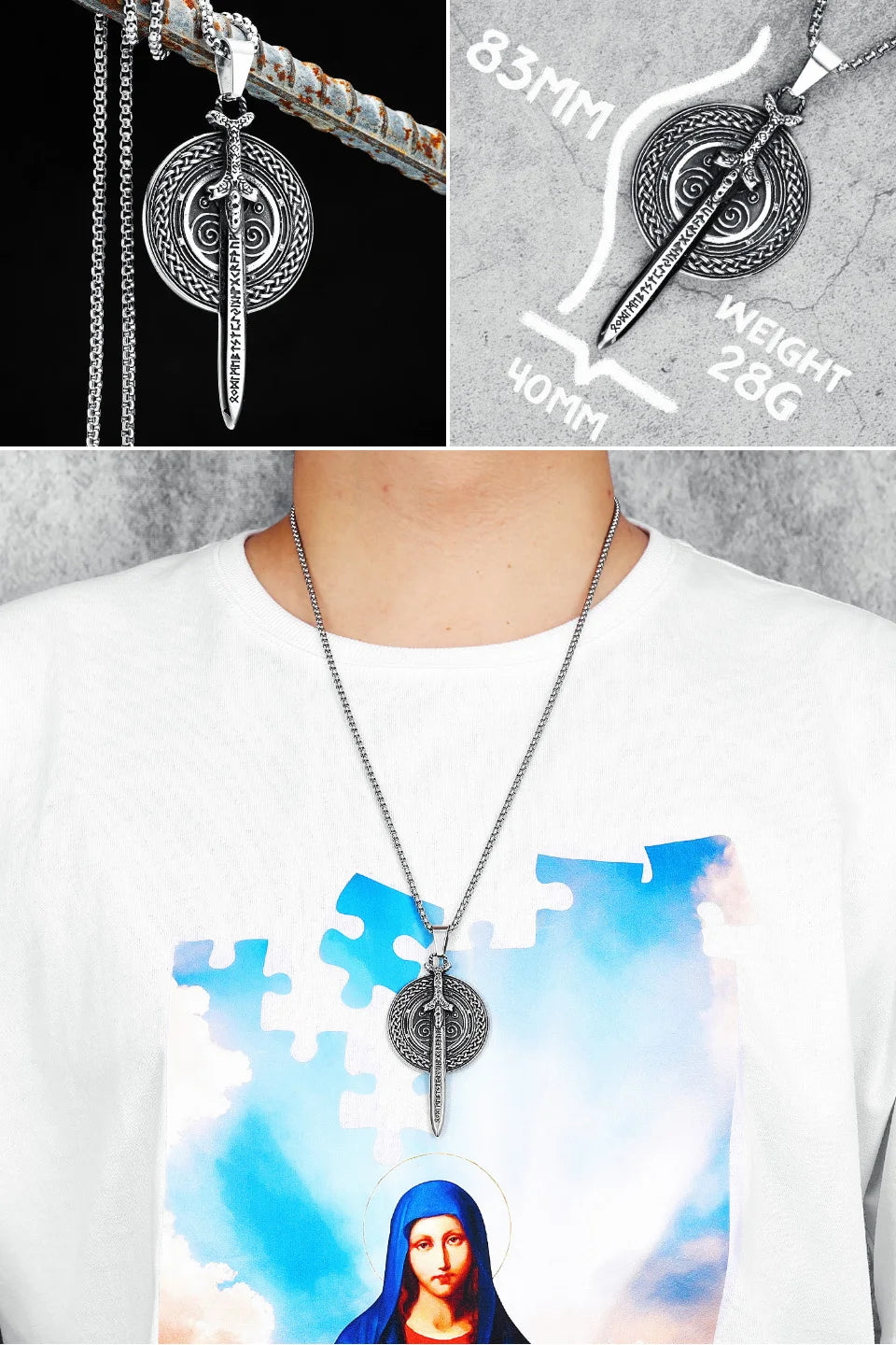 Collar con colgante de acero inoxidable con diseño de armas vikingas para hombre, estilo nórdico, estilo retro rock, punk, rap, para amigos, regalo de joyería masculina.