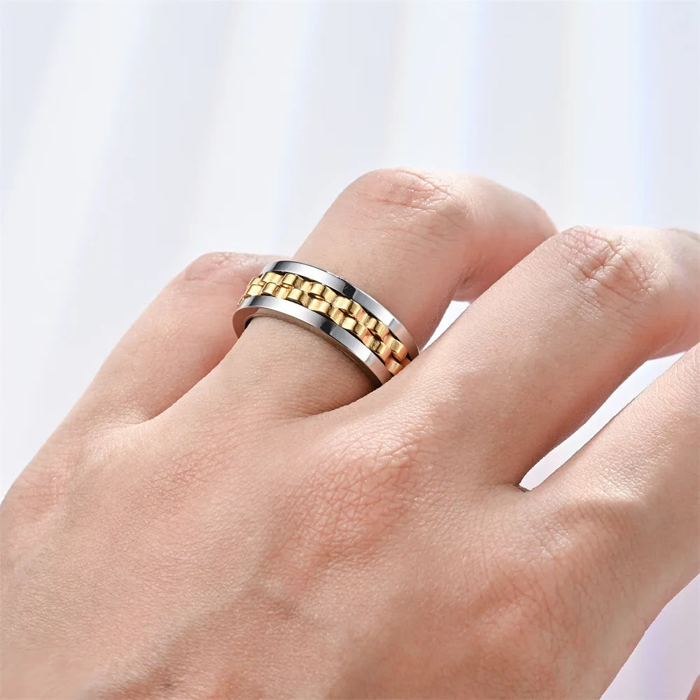 Stainless Steel Ring For Men Gear Chain Rotating Spinning Fidget Rings Punk Jewelry Size 6-13