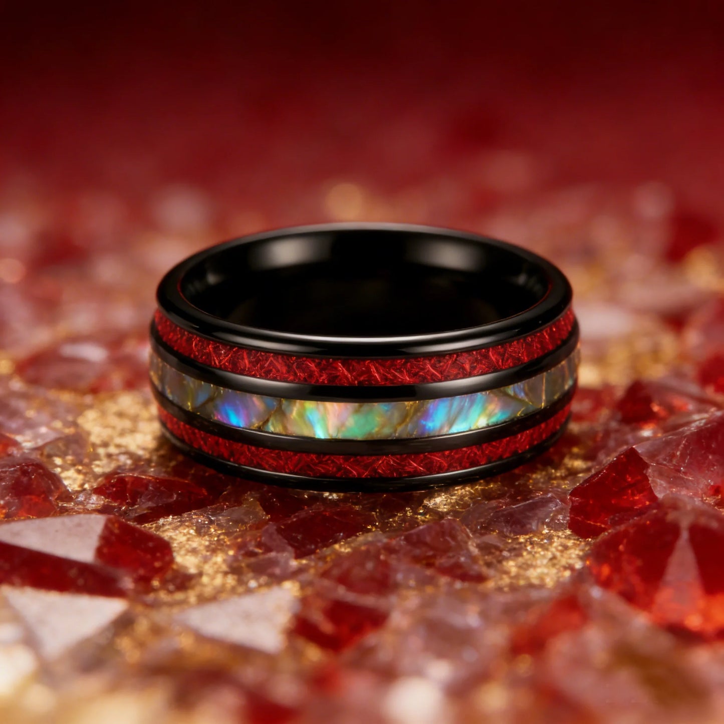 Fashion Colorful Abalone Shell and Red Meteorite Inlay Rings, 8mm Black Stainless Steel Rings for Men, Men Wedding Party Jewelry