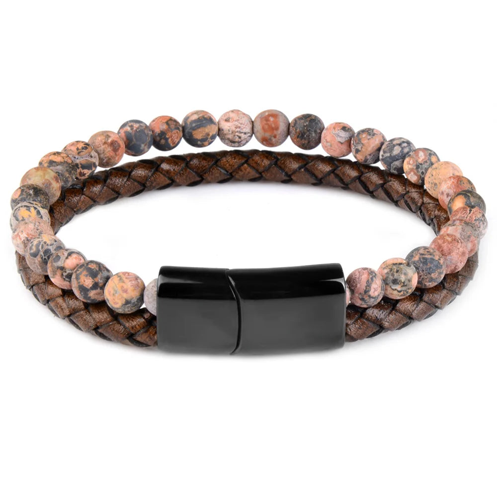 Natural Stone Bracelet Genuine Leather Braided Bracelets Black Stainless Steel Magnetic Clasp Tiger eye Bead Bangle Men Jewelry red leopard skin