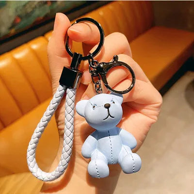 Cartoon doll bear keychain Brown Bear Couples Gift Key Chain Animal Doll Key Ring Weave Car Decoration Pendant Blue