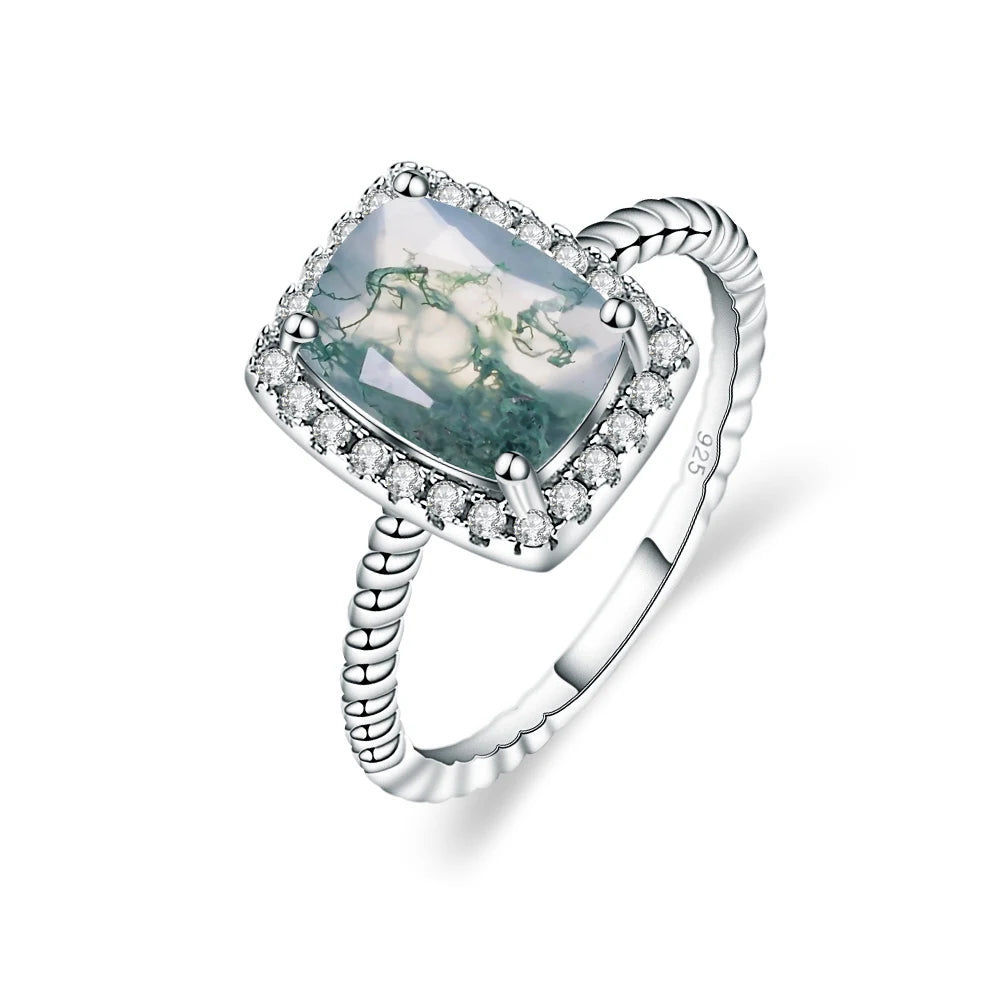 GEM'S BALLET 1.78Ct 6x8mm Cushion Moss Agate Halo Engagement Rings 925 Sterling Silver Stripes Promise Ring Gift For Her 925 Sterling Silver Moss Agate