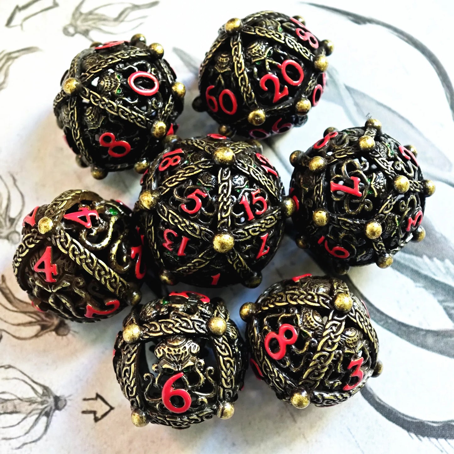 MINI PLANET Round Hollow Octopus Dice Set DND Dice For TRPG Desktop Game Metal Dice DND Set Metal Octopus Dice 7pcs/set