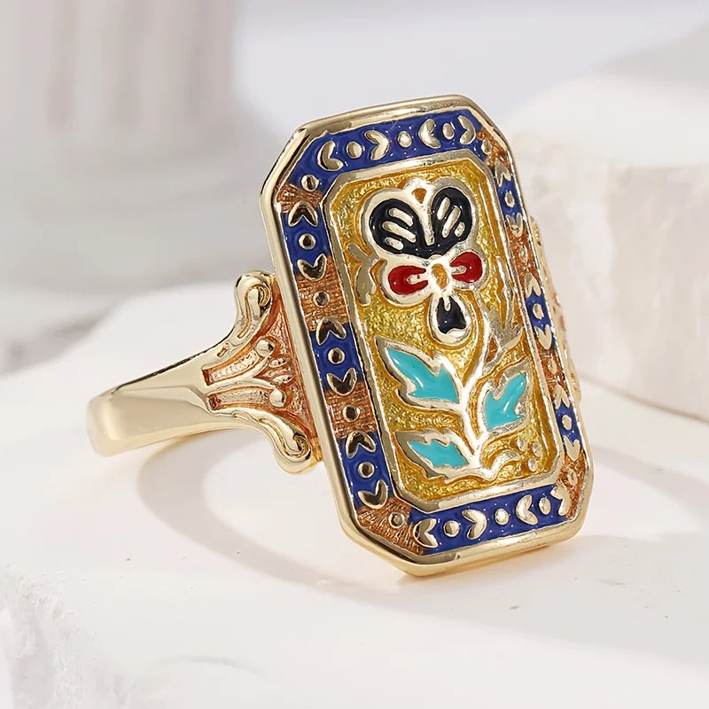 Bohemian Elegant Luxurious Retro Gold Color Artificial Enamel Flower Ring for Gift Giving Vacation Wear Christmas Accessory