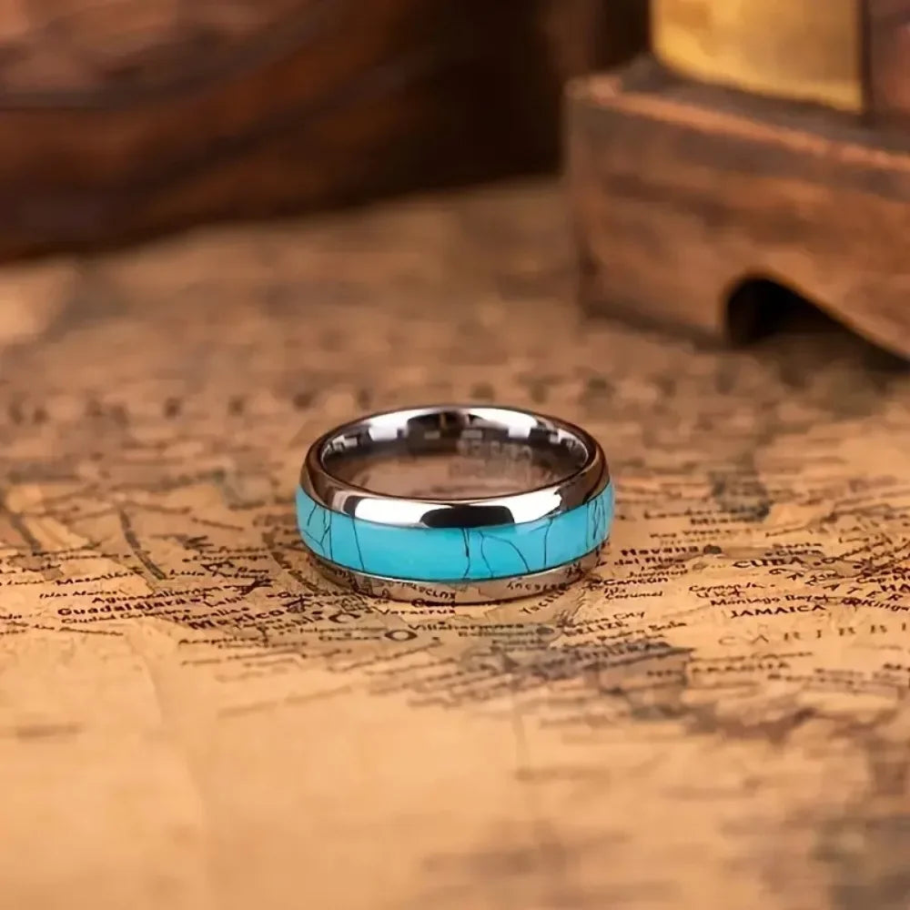 Hot Inlay Blue Turquoise Rings Fashion 8MM Men Stainless Steel Rings for Men Women Wedding Engagement Band Jewelry Gift Dropship